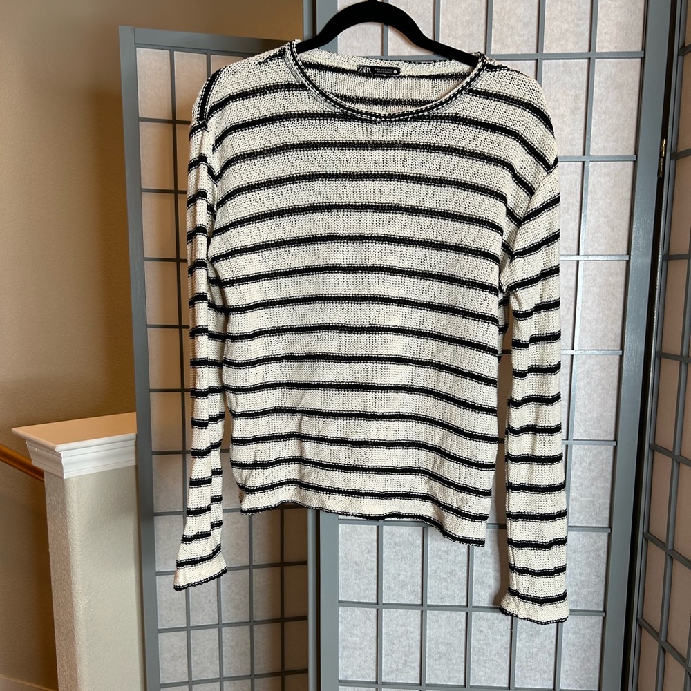Zara Black and Winter White Striped Sweater